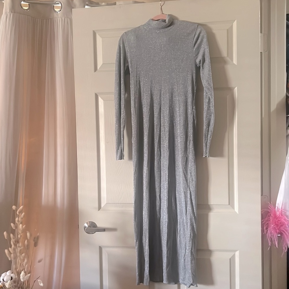 ZARA Silver Turtleneck Maxi Sweater Dress